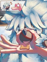  1other animal_focus dog dog_treat furfrou furfrou_(natural) highres p9kfxaofqi54546 pokemon pokemon_(creature) pokemon_focus snoot_challenge snout tongue tongue_out white_fur 