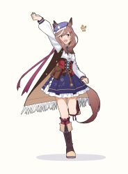  1girl absurdres animal_ears belt_bag blue_hat blush bow breasts brown_hair center_frills clothing_cutout corset ear_ornament ears_through_headwear frills hair_ornament hairclip hat highres horse_ears horse_girl horse_tail looking_at_viewer matikanetannhauser_(panpaka_tiltott)_(umamusume) matikanetannhauser_(umamusume) medium_breasts medium_hair multicolored_hair newsboy_cap open_mouth red_corset shoulder_cutout simple_background smile solo streaked_hair tail tilted_headwear umamusume white_background yellow_eyes yuuel2525 