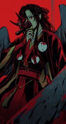  1boy adapted_costume alternate_costume black_hair black_kimono black_wings blood blood_from_eyes blood_on_clothes blood_on_hands bridal_gauntlets chohato0717 cowboy_shot feathered_wings hair_down hair_ribbon half_updo hand_up haori highres holding holding_mask horns japanese_clothes kimono limited_palette long_hair long_sleeves looking_at_viewer male_focus mask modao_zushi obi official_alternate_hairstyle pom_pom_(clothes) red_background red_bridal_gauntlets red_eyes red_ribbon red_sash red_theme ribbon sash sidelocks simple_background solo tassel tengu tengu_mask unworn_mask wei_wuxian wei_wuxian_(yiling_laozu) wide_sleeves wings 