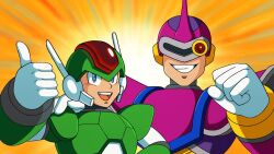  2boys android armor assault_visor clenched_hand clenched_teeth codpiece forehead_jewel gloves green_armor green_biker_dude_(mega_man) green_helmet hand_on_another's_shoulder headshot helmet jewelry looking_at_viewer mac_(mega_man) mega_man_(series) mega_man_x2 mega_man_x3 mega_man_x6 mega_man_x_(series) multiple_boys official_style one-eyed purple_armor purple_helmet radio_antenna robot robot_ears shoulder_armor smile sprinqgueen teeth thumbs_up upper_teeth_only white_gloves yellow_background 