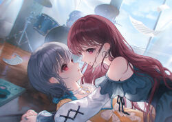  2girls bang_dream! bang_dream!_it's_mygo!!!!! blue_dress brown_hair choker commentary commission dress drum drum_set ear_piercing earclip earrings english_commentary eye_contact falling_paper floor grey_hair highres ichitata instrument jewelry long_hair long_sleeves looking_at_another mole mole_under_eye multiple_girls notebook parted_lips piercing red_eyes sheet_music shiina_taki short_hair takamatsu_tomori violet_eyes white_choker yellow_dress yukadon yuri 