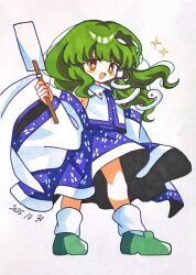  1girl :d bare_shoulders blue_skirt blunt_bangs blush blush_stickers collared_shirt dated detached_sleeves frog_hair_ornament furiba_794 gohei green_hair green_shoes hair_intakes hair_ornament hair_tubes highres holding holding_gohei kochiya_sanae loafers long_sleeves looking_at_viewer medium_hair open_mouth patterned_clothing print_skirt shirt shoes simple_background single_hair_tube single_sidelock skirt skirt_set sleeveless sleeveless_shirt smile snake_hair_ornament socks solo sparkle touhou white_background white_socks wide_sleeves wing_collar yellow_eyes 