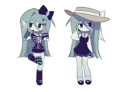  1girl air_zizon arm_warmers black_bow black_dress black_shirt blue_eyes blue_hair bow dress eunoia_(frozen_soul) frozen_soul hair_bow leg_warmers long_hair multiple_views open_mouth raccoon_tails_(hairstyle) ringed_eyes roblox robot_ears scene_fashion shirt simple_background smile striped_arm_warmers striped_clothes striped_thighhighs thigh-highs very_long_hair white_background 