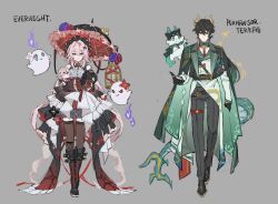  1boy 1girl absurdres alternate_costume belt black_hair bonnet chimera_(honkai:_star_rail) coat commentary dan_heng_(honkai:_star_rail) dan_heng_(permansor_terrae)_(honkai:_star_rail) dragon_boy dragon_horns dragon_tail dress english_text evernight_(honkai:_star_rail) fishnets flower ghost gloves highres holding holding_umbrella honkai:_star_rail honkai_(series) horns layered_dress long_hair march_7th_(honkai:_star_rail) pants papajay_(jennygin2) pink_hair pointy_ears shirt simple_background stuffed_toy symbol-only_commentary tail thigh-highs thigh_strap umbrella very_long_hair 