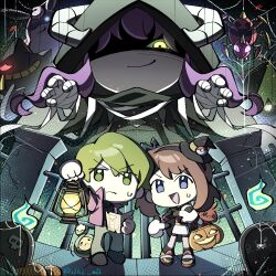  artist_name banette blue_eyes brown_hair chibi drew_(pokemon) gengar gloves green_eyes green_hair halloween halloween_bucket halloween_costume haunted highres holding house lampent lantern litwick may may_(pokemon) mimikyu pokemon pokemon_(anime) pokemon_rse_(anime) pumpkin shuppet 