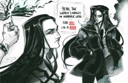  1boy aquiline_nose black_hair book burning coat design_speculation ear_piercing eyebrow_piercing eyelashes face_piercing fire gerard_keay goth_fashion hand_tattoo highres holding holding_lighter lighter lips long_hair male_focus multiple_piercings neck_tattoo nose nose_piercing nose_ring parted_lips piercing red_eyes septum_piercing shirt straight_hair tattoo the_magnus_archives vianerds 