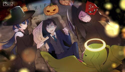  1girl 2boys amasawa_keisuke blue_suit digimon digimon_(creature) digimon_story:_cyber_sleuth digimon_story:_cyber_sleuth_-_hacker&#039;s_memory fantomon grave halloween_costume halo highres holding holding_scythe mishima_erika moch_ka_game multiple_boys nogi_yuu pumpkin scythe suit tombstone wormmon 