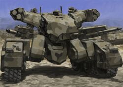  1other blue_sky camouflage caterpillar_tracks highres mecha military military_vehicle motor_vehicle no_humans one-eyed original outdoors robot science_fiction sky tyokugekidato vehicle_focus woodland_camouflage 