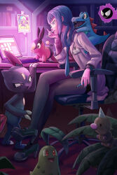  1girl black_dress blonde_hair blue_eyes blue_hair canari_(pokemon) chair chikorita commentary computer dress english_commentary gaming_chair gastly hair_rings high_heels highres lab_coat laptop mable_(pokemon) mask mouth_mask multicolored_hair necktie pantyhose pen pencilequipped plant pokemon pokemon_(creature) pokemon_legends:_z-a potted_plant rotom rotom_phone safety_glasses sneasel split-color_hair swivel_chair team_flare tepig totodile weedle 