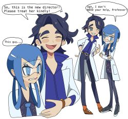  1boy 1girl ^_^ angry black_dress blue_hair blue_necktie blue_shirt closed_eyes coat collared_shirt commentary cozy_august crossed_arms dress english_commentary english_text eyelashes hair_rings highres lab_coat lipstick long_sleeves mable_(pokemon) makeup multiple_views necktie open_clothes open_coat pokemon pokemon_legends:_z-a pokemon_xy professor_sycamore red_lips shirt speech_bubble white_background 