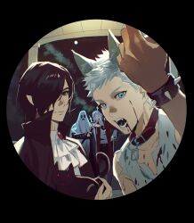  4boys absurdres animal animal_ear_fluff animal_ears arm_up ascot bandages belt_buckle belt_collar black_background black_cape black_gloves black_hair blood blood_on_clothes blood_on_face blue_ascot blue_eyes bracelet brothers buckle cape cat closed_mouth coat collar collarbone commentary dante_(devil_may_cry) devil_may_cry_(series) devil_may_cry_5 elbow_on_another's_shoulder fangs father_and_son gem ghost_costume gloves halloween halloween_costume highres holding holding_animal holding_cat holding_sword holding_weapon jewelry katana klm066052 long_sleeves looking_at_viewer male_focus multiple_boys mummy mystical_high_collar nero_(devil_may_cry) open_clothes open_coat open_mouth parted_bangs pointy_ears popped_collar pov_peephole red_coat red_gemstone short_hair siblings smile spiked_bracelet spikes sword teeth torn_clothes twins uncle_and_nephew v_(devil_may_cry) vampire vergil_(devil_may_cry) weapon werewolf wolf_ears yamato_(sword) 