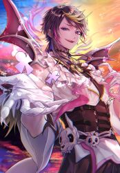  1boy absurdres animal_skull black_corset commentary corset cowboy_shot demon_wings detached_sleeves fingernails frilled_shirt frills gloves half_gloves highres long_fingernails long_sleeves looking_at_viewer male_focus medium_hair multicolored_hair nails_visible_through_gloves nijisanji nijisanji_en open_hand open_mouth parted_bangs purple_hair sharp_fingernails shirt shu_yamino shu_yamino_(1st_costume) skull_ornament smile solo streaked_hair swept_bangs violet_eyes white_gloves white_shirt wings xxcaaan 