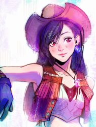  1girl bare_shoulders black_gloves black_hair blush brown_hat brown_vest closed_mouth cowboy_hat crisis_core_final_fantasy_vii crop_top earrings english_commentary final_fantasy final_fantasy_vii final_fantasy_vii_rebirth final_fantasy_vii_remake gloves hat highres jewelry kuroiitulip lips long_hair official_alternate_costume open_clothes open_vest pink_lips red_eyes single_earring solo tifa_lockhart tifa_lockhart_(cowgirl) upper_body vest 