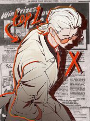  1boy black_shirt closed_eyes collared_shirt hair_slicked_back hand_in_pocket highres jacket light_smile male_focus medium_hair naiann49374 necktie newsprint_background orange-tinted_eyewear pants red_necktie shirt solo suit suit_jacket sunglasses tinted_eyewear to_be_hero to_be_hero_x white_hair white_jacket white_pants white_suit x_(to_be_hero_x) x_ornament 