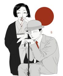  1boy 1girl absurdres blood blood_from_mouth blood_on_clothes blood_on_hands bob_cut bowler_hat cane circle collared_shirt constricted_pupils feet_out_of_frame gauze gauze_over_eye greyscale hand_on_cane hand_rest haori hat highres hisazumi_kengo invisible_chair japanese_clothes kimono long_sleeves looking_at_viewer monochrome obi obiage obijime one_eye_covered original pants sash shirt short_hair simple_background sitting spot_color standing suit very_short_hair vest 