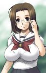  brown_hair glasses impossible_clothes impossible_shirt kamichu kamichu! kantori large_breasts school_uniform serafuku shijou_mitsue shirt short_hair solo 