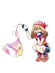  bandana bike_shorts bike_shorts_under_shorts brown_hair cat_teaser closed_eyes gloves headband highres may_(pokemon) niji_ando open_mouth pokemon pokemon_(creature) pokemon_rse red_bandana red_shirt shirt shoes shorts shorts_under_shorts skitty smile sneakers solo squatting white_background ych_commission 