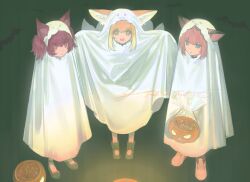  3girls absurdres animal_ears arknights blonde_hair blue_eyes fox_ears fox_girl fox_tail ghost_costume green_eyes halloween highres multiple_girls pink_hair purple_hair shamare_(arknights) sussurro_(arknights) suzuran_(arknights) tail violet_eyes yuishironeko 