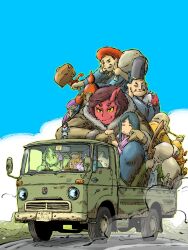  4boys 4girls blue_sky colored_skin green_hair green_skin highres holding holding_mallet holding_sack license_plate mallet multiple_boys multiple_girls oni orange_eyes original red_skirt sack side-view_mirror skirt sky vehicle_request yabarn 