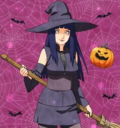  1girl alternate_costume bat_(animal) broom closed_mouth commission detached_sleeves halloween_costume hat highres holding holding_broom hyuuga_hinata jack-o&#039;-lantern long_hair long_sleeves looking_at_viewer nanxdaime naruto_(series) naruto_shippuuden silk skirt smile solo spider_web witch_hat zipper_pull_tab 