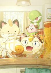  black_eyes bob_cut cleffa colored_skin curtains ditto fangs gardevoir green_hair green_skin hair_over_one_eye highres holding holding_pokemon indoors meowth multicolored_skin open_mouth pink_eyes pink_skin piyokonoenikki_04 pokemon pokemon_(creature) transformed_ditto two-tone_skin watermark white_skin window 