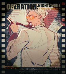  1boy english_text hair_slicked_back highres jacket light_smile looking_at_viewer male_focus mouth_hold naiann49374 necktie necktie_in_mouth orange-tinted_eyewear red_necktie short_hair solo suit_jacket sunglasses tinted_eyewear to_be_hero to_be_hero_x waving white_hair white_jacket x_(to_be_hero_x) x_ornament 