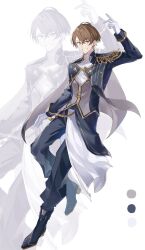  1boy aiguillette ankle_boots arm_up benichaaa blue_boots blue_pants blue_shirt boots brown_eyes brown_hair cape color_guide commentary_request crossed_bangs earrings epaulettes full_body gloves gold_trim grey_cape grin hair_between_eyes half-skirt high_heel_boots high_heels highres idol_clothes jewelry kagami_hayato long_sleeves looking_at_viewer low_block_heels nijisanji nijisanji_idol_uniform overskirt pants shirt short_hair single_epaulette sleeve_cuffs smile solo virtual_youtuber white_background white_gloves white_overskirt zoom_layer 