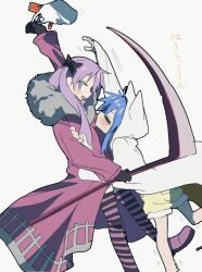  2girls ahoge animal_hood bag black_gloves blue_eyes blue_hair blush candy closed_eyes coat food fur-trimmed_hood fur_trim gloves green_eyes hair_tie halloween highres hiiragi_kagami holding holding_above_head holding_bag holding_scythe hood hood_up hoodie izumi_konata konokawa leggings long_hair looking_at_another lucky_star mole mole_under_eye multicolored_leggings multiple_girls open_mouth purple_hair reaching red_coat scythe shopping_bag shorts simple_background striped_leggings trench_coat white_background white_hood white_hoodie yellow_shorts 