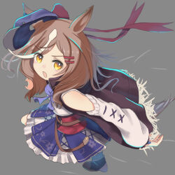  1girl animal_ears belt_bag blue_hat blush bow breasts brown_hair cosplay ear_covers ear_ornament ears_through_headwear hair_ornament hairclip hat highres horse_ears horse_girl horse_tail looking_at_viewer matikanetannhauser_(panpaka_tiltott)_(umamusume) matikanetannhauser_(umamusume) matikanetannhauser_(umamusume)_(cosplay) medium_breasts medium_hair multicolored_hair newsboy_cap open_mouth solo streaked_hair tail teketewasabi tilted_headwear umamusume yellow_eyes 