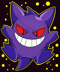  dated evil_grin evil_smile full_body gengar grid_teeth grin looking_at_viewer no_humans outline outstretched_arms pokemon pokemon_(creature) red_eyes smile solo spread_arms woofzilla yellow_outline 