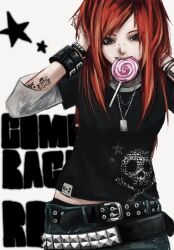  1girl arm_tattoo belt black_eyes black_shirt bracelet bridge_piercing candy denim english_commentary face_piercing food hands_on_own_head highres jeans jewelry layered_sleeves lollipop lollipop_in_mouth long_hair midriff_peek multiple_belts necklace nu_punxxxz original pants piercing red_hair shirt skull_and_crossbones solo star_(symbol) studded_belt studded_bracelet swirl_lollipop t-shirt tattoo white_background 