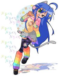  &gt;_&lt; 1girl :3 :d ahoge animal_ears back_bow blue_hair bow cat_ears cat_tail character_charm charm_(object) fang food-themed_hair_ornament green_eyes hair_ornament hairclip highres izumi_konata long_hair loose_socks lucky_star nyan_cat one_eye_closed paw_pose pleated_skirt pop_tart rainbow_bow rainbow_socks skirt smile socks star_(symbol) star_hair_ornament striped_sleeves tail thea_(w_alladoo) thigh-highs white_background 