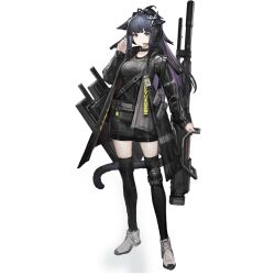  1girl animal_ears arknights black_thighhighs cat_ears cat_girl cat_tail full_body green_eyes gun headset id_card jessica_(arknights) knee_pads long_hair long_sleeves looking_at_viewer m9nokuro official_alternate_costume official_art over-kneehighs purple_hair rifle shield simple_background single_knee_pad solo standing tachi-e tail thigh-highs third-party_source transparent_background very_long_hair weapon 