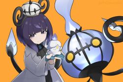  1girl black_dress blue_gloves blunt_bangs bob_cut chandelure closed_mouth coat dress eyelashes gloves gwynn_(pokemon) hat highres holding holding_pokemon litwick long_sleeves looking_at_viewer mega_stone open_clothes open_coat orange_background partially_fingerless_gloves pokemon pokemon_(creature) pokemon_legends:_z-a pucipumpkin purple_hair short_hair smile violet_eyes white_coat 