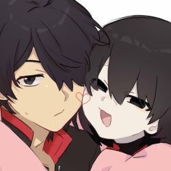  1boy 1girl :/ :3 :d araragi_koyomi arm_around_neck black_eyes black_hair black_jacket bob_cut cheek-to-cheek close-up closed_mouth commentary empty_eyes expressionless gakuran hair_between_eyes hair_over_one_eye heads_together heart highres hug jacket long_sleeves looking_at_viewer mandarin_collar monogatari_(series) naoetsu_high_school_uniform narrowed_eyes open_mouth oshino_ougi pale_skin pink_shirt portrait puffy_sleeves red_trim romaji_commentary school_uniform shirt short_hair simple_background smile sweatdrop swept_bangs tsugumi_(tgm_615486) white_background 