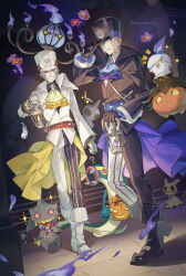  2boys :d ? ascot ayasyacyo banette black_boots black_gloves black_hat black_suit boots bucket candle candy chandelier chandelure claws closed_eyes coat collared_shirt dark_background doll eel eelektross emmet_(pokemon) emmet_(sygna_suit)_(pokemon) fangs fins fire fish food frilled_coat frilled_sleeves frills gloves grey_eyes grey_hair grin halloween_bucket hand_on_own_hat hat hat_tip head_fins highres holding holding_bucket holding_candy holding_food holding_lantern ingo_(pokemon) ingo_(sygna_suit)_(pokemon) jack-o&#039;-lantern lantern litwick mimikyu multiple_boys pokemon pokemon_(creature) pokemon_bw pokemon_masters_ex pumpkaboo pumpkin purple_ascot purple_fire red_eyes shirt shuppet sideburns smile suit tail tynamo white_boots white_gloves white_hat white_suit wrapped_candy yellow_ascot yellow_eyes zipper 