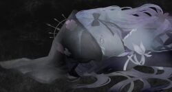  1girl absurdres bare_shoulders bdsm bondage bound bow bug butterfly castorice_(honkai:_star_rail) crown dark_background flower hair_flower hair_ornament highres honkai:_star_rail honkai_(series) long_hair lying on_stomach poursuu purple_hands veil white_bow white_hair 