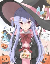  >_< 1girl :3 :o alternate_costume alternate_hairstyle ame_wa animal_print bag belt black_hat black_robe blue_hair blush blush_stickers bow bowtie braid broom butterfly_print closed_mouth collared_shirt commentary cookie crown_braid flying_sweatdrops food fox ghost hair_between_eyes hair_ornament hair_ribbon halloween halloween_bucket halloween_costume hat hat_belt heart heart_print highres holding holding_bag holding_cookie holding_food inari_(summer_pockets) incoming_gift jack-o'-lantern jack-o'-lantern_hair_ornament long_hair long_sleeves looking_at_viewer one_side_up open_clothes open_mouth open_robe pink_belt pink_ribbon pumpkin red_bow red_bowtie red_eyes red_ribbon ribbon robe shirt shy sidelocks simple_background smile solo sorakado_ao star_(symbol) straight-on straight_hair summer_pockets upper_body very_long_hair white_background white_shirt witch witch_hat 