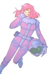  1girl boned-woo flight_suit floating_hair gundam gundam_zz haman_karn helmet highres holding holding_unworn_helmet leg_up looking_down pink_hair short_hair solo unworn_headwear unworn_helmet white_background zeta_gundam 
