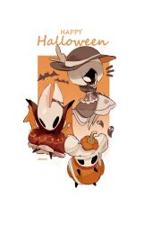  1boy 2girls arthropod_boy arthropod_girl artist_name bandaged_head bandages bat_(animal) blank_eyes border brother_and_sister brown_capelet brown_dress brown_hat bubble_skirt capelet commentary dress film_grain full_body halftone halftone_background hand_on_own_chin happy_halloween hat highres hightguy hollow_eyes hollow_knight hollow_knight:_silksong horned_mask hornet_(hollow_knight) juliet_sleeves knight_(hollow_knight) lace_(hollow_knight) long_skirt long_sleeves looking_at_viewer mask medium_skirt multiple_girls no_mouth notice_lines orange_background outside_border puffy_sleeves pumpkin_costume red_skirt siblings simple_background skirt standing symbol-only_commentary white_border white_mask white_skirt 