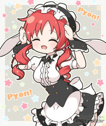  1girl :d ^_^ animal_ears apron arms_up artist_name black_hairband black_skirt blush breasts center_frills closed_eyes collared_shirt commentary english_commentary facing_viewer fake_animal_ears fleur_de_lapin_uniform floppy_ears frilled_apron frilled_hairband frilled_skirt frills gochuumon_wa_usagi_desu_ka? grey_background hairband highres long_hair low_twintails medium_breasts mitya natsu_megumi open_mouth puffy_short_sleeves puffy_sleeves rabbit_ears rabbit_pose red_hair revision romaji_text shirt short_sleeves simple_background skirt smile solo sparkle star_(symbol) star_symbol_background twintails waist_apron waitress watermark white_apron white_shirt wrist_cuffs 