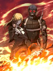  1boy 1girl blue_eyes closed_mouth command_spell commentary commentary_request eyepatch fate/grand_order fate_(series) fire floating_hair getsome gloves glowing glowing_eyes gotterdammerung_(fate/grand_order) gram_(fate) height_difference highres holding holding_sword holding_weapon long_hair long_sleeves looking_at_viewer mask masked one_eye_covered ophelia_phamrsolone orange_hair red_eyes short_hair sigurd_(fate) surtr_(fate) sword weapon 