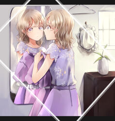  1girl blonde_hair blue_dress dress flower frills hat highres holding holding_unworn_clothes holding_unworn_dress indoors looking_at_mirror maribel_hearn medium_hair mirror mob_cap poteimo_(poteimo622) puffy_sleeves purple_dress reflection sash short_sleeves touhou unworn_dress vase violet_eyes white_hat 