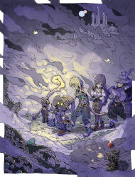  1girl 3boys adelbert_steiner black_choker black_mage_(final_fantasy) blonde_hair blue_coat blue_pants boots breasts brown_boots brown_gloves brown_hair castle choker coat crystal final_fantasy final_fantasy_ix fog frog garnet_til_alexandros_xvii gloves green_vest grey_boots grey_gloves hair_ornament hairclip hat hat_feather helmet highres holding holding_hands holding_staff holding_sword holding_weapon jewelry long_hair low-tied_long_hair medium_breasts multiple_boys pants parted_bangs pendant pokemon_(creature) russiya shirt short_hair staff striped_clothes striped_pants sword vest vivi_ornitier weapon white_shirt wizard_hat wrist_cuffs yellow_eyes zidane_tribal 