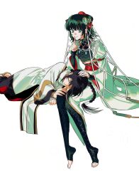  1girl 1other androgynous black_hair bracelet braid dress easel_(dam0628) fate/samurai_remnant fate_(series) finger_to_mouth fishing_net green_scales hair_intakes highres husband_and_wife jewelry lap_pillow long_braid long_sleeves looking_at_viewer magatama magatama_necklace necklace net other_with_female ototachibana-hime_(fate) scale_print single_braid sleeping toeless_legwear white_background white_dress wide_sleeves yamato_takeru_(fate) 