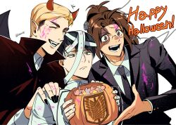  1other 2boys bandaged_hand bandaged_head bandages black_hair black_nails black_necktie black_suit blonde_hair brown_eyes brown_hair candy cloak closed_eyes collared_shirt cosplay demon_costume demon_horns diaris115 erwin_smith food frankenstein&#039;s_monster frankenstein&#039;s_monster_(cosplay) frown glasses halloween_bucket hand_on_another&#039;s_shoulder hange_zoe happy_halloween highres horns jacket levi_(shingeki_no_kyojin) long_hair multiple_boys mummy_costume nail_polish necktie object_through_head paint_on_clothes parted_lips pointy_ears ponytail popped_collar red_cloak screw_in_head shingeki_no_kyojin shirt short_hair smile stitched_face stitched_neck stitches suit suit_jacket sweatdrop twintails upper_body white_shirt wrapped_candy 