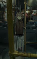  1girl absurdres black_shoes black_skirt blurry blurry_foreground brown_coat brown_eyes brown_hair bus bus_interior closed_mouth closed_umbrella coat collared_shirt depth_of_field expressionless full_body grey_umbrella hair_rings hand_grip hand_up hashtag-only_commentary hatoba_tsugu highres holding holding_hand_grip holding_umbrella loafers long_sleeves looking_at_viewer medium_hair mimizu_ningen mole mole_under_eye motor_vehicle pantyhose rain road road_sign shirt shoes side_up_ring sign single_hair_ring skirt solo standing tsugu_(vtuber) umbrella vehicle_interior virtual_youtuber white_pantyhose white_shirt window 