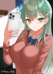  1girl blue_bow blue_bowtie bow bowtie cellphone collared_shirt dangan_kurabu dress_shirt green_eyes green_hair hashtag-only_commentary highres holding holding_phone kantai_collection long_hair looking_at_viewer phone selfie shirt smartphone solo suzuya_(kancolle) suzuya_(school_girl)_(kancolle) taking_picture twitter_username upper_body white_shirt 