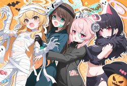  4girls absurdres ahoge airi_(blue_archive) airi_(halloween)_(blue_archive) animal_ears bandages bat_(animal) black_hair blonde_hair blue_archive candy chelly_(glisten_chelly) food ghost halloween halo highres kazusa_(blue_archive) kazusa_(halloween)_(blue_archive) lollipop multiple_girls natsu_(blue_archive) natsu_(halloween)_(blue_archive) orange_background pink_hair pumpkin werewolf_costume yoshimi_(blue_archive) yoshimi_(halloween)_(blue_archive) 