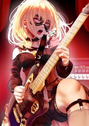  1girl armor bang_dream! bang_dream!_it&#039;s_mygo!!!!! black_dress black_mask black_nails black_shirt blonde_hair brown_corset commentary corset doloris_(bang_dream!) dress electric_guitar garter_straps guitar guitar_strap highres holding holding_guitar holding_instrument holding_plectrum in-ear_earphones instrument kneehighs medium_hair misumi_uika nail_polish noir_(nowaru) open_mouth plectrum shirt shoulder_armor sidelocks socks solo stuffed_toy teeth upper_teeth_only violet_eyes white_socks 